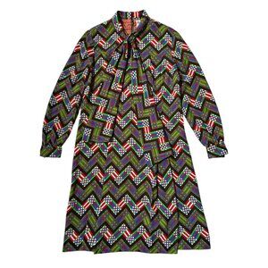 70s vintage wool shift dress midi shirt geometric pattern abstract print tie.